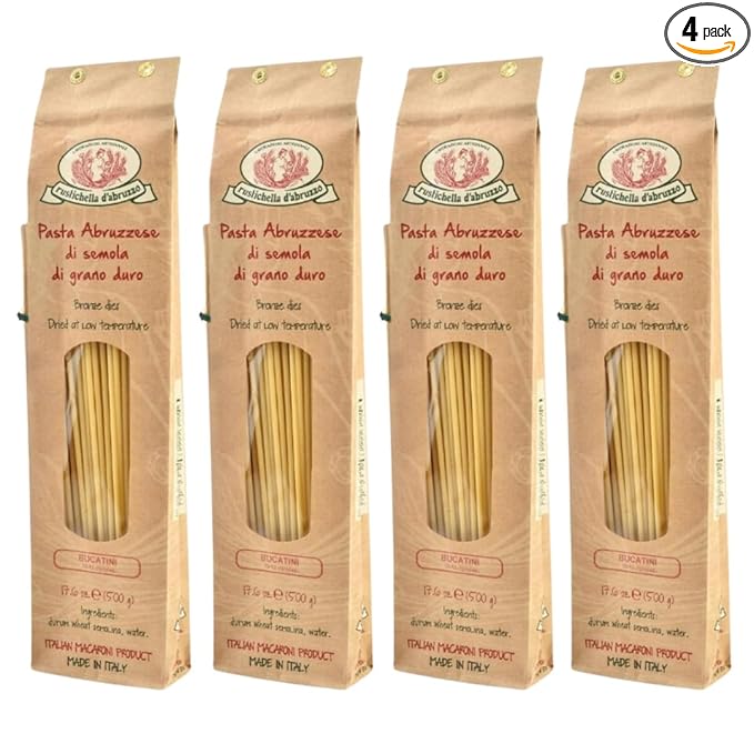 Rustichella d'Abruzzo Bucatini (Pack of 4) 500g Each - Classic Italian Pasta with a Hole - Perfect for Amatriciana Sauce - Artisan Pasta from Abruzzo
