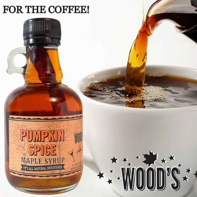 WOOD'S Pumpkin Spice Maple Syrup – Small-Batch Vermont Maple Syrup Infused with Cozy Fall Spices | Natural Vegan Sweetener for Coffee Pancakes Baking &amp More | 8.45 Fl Oz (250mL)