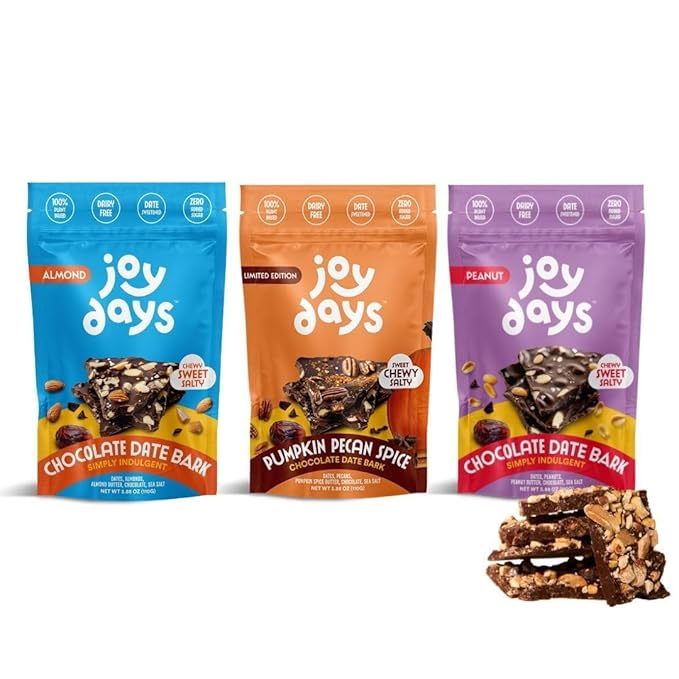 Joydays Chocolate Date Bark Variety Pack – Almond Peanut &amp Pumpkin Pecan Spice | Vegan Dark Chocolate Bark with Medjool Dates Roasted Nuts &amp Sea Salt | High Fiber Healthy Snack No added sug