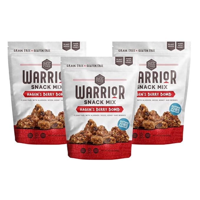 BeeFree Warrior Mix Gluten Free Granola - Chunky Granola Bites | Paleo Low Carb Grain Free Preservative Free Oat Free | Low Calorie Snacks | Hagen’s Berry Bomb 9 Ounce Bags 3 Pack