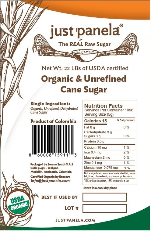 Just Panela Organic Unrefined Cane Sugar 22 Pound Pack of 2 | 100% Unprocessed Raw Sugar | Panela Great for Baking Cooking &amp Sweetening | Healthier Alternative to Regular Refined Sugar