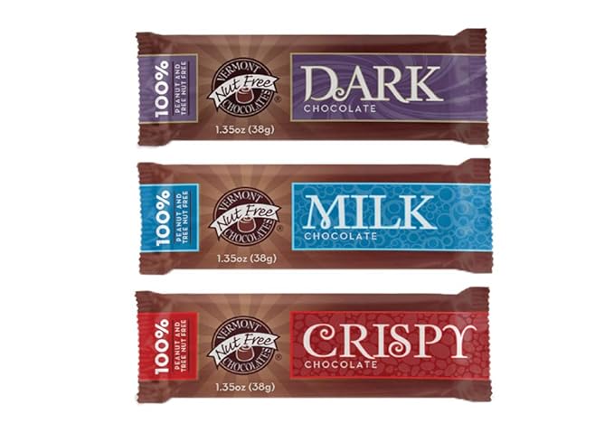 Vermont Nut Free Small Chocolate Bar (Crispy Milk Chocolate) 1.35 Ounce Bars 18 Count Nut-Free Egg-Free Kosher