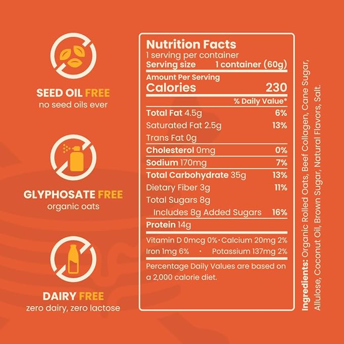 Beef Collagen Protein Oatmeal (12 Pack Maple) – 14g Protein Clean Ingredients No Dairy or Seed Oils – High Protein Breakfast for Athletes