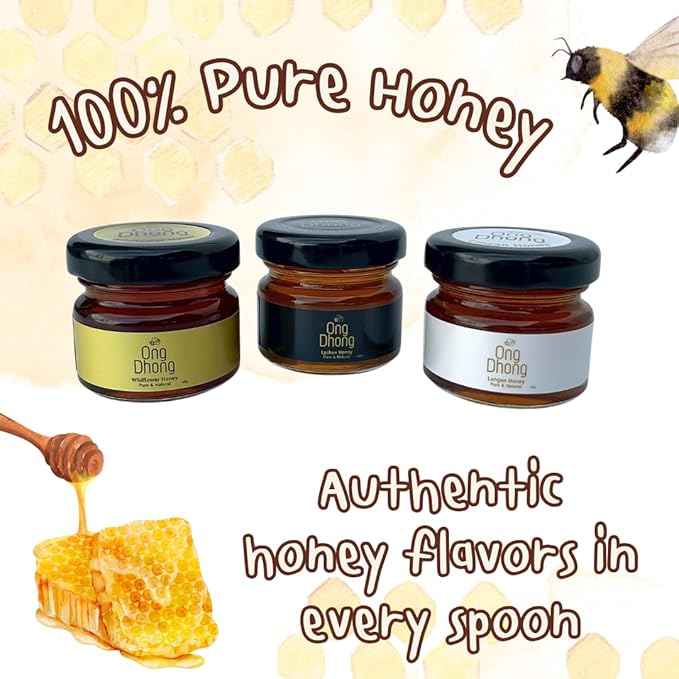 Mini Honey Jars Set of 3 (45g Each) – Lychee Longan and Wildflower Honey – Assorted Flavors Gift Pack for Tea Coffee Breakfast and Desserts