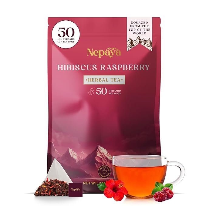 Hibiscus Raspberry Herbal Tea Bags Caffeine Free Pyramid Tea Bags Fruity Berry Blend with Rosehip Lemongrass &amp Orange Peel Hot or Ice Tea 50 Biodegradable Bags