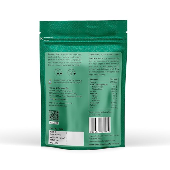 Organic Pumpkin Seeds 250 g | Lab Tested for 250+ Pesticides | Certified Organic (NPOP) &amp Traceable with Transaction Certificate | Rich in Protein Fibre &amp Essential Nutrients