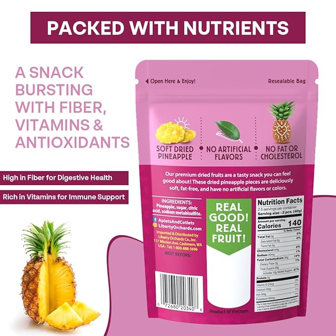 Liberty Orchard Organic Whole Dried Pineapple - Deliciously Sweet Dried Fruit Snack Packed with Fiber &amp Vitamins Vitamins - Healthy Snack Ideal for Smoothies Salads &amp Baking - 5 Pack
