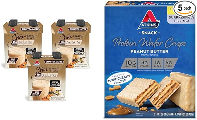 Atkins Chai Tea Latte Protein Shake with 15g Protein 3g Net Carb 1g Sugar + Atkins Peanut Butter Protein Wafer Crisps with 10g Protein 4g Net Carb 1g Sugar 5 Count