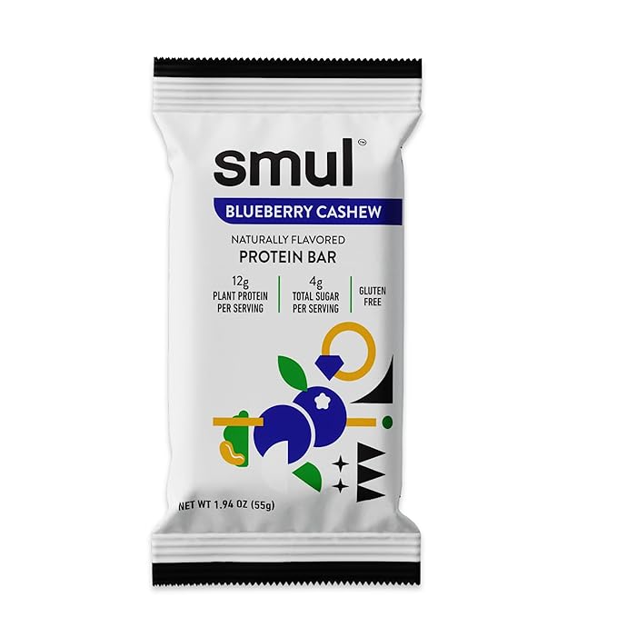smul Plant Based Protein Bar – Blueberry Cashew – 12g Protein Only 4g Sugar Gluten Free Non-GMO Vegan Dairy Free – High Fiber Snack to Satisfy and Sustain – 12 Pack