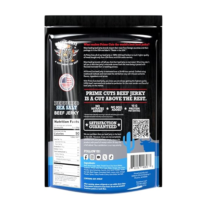 Prime Cuts Peppered Sea Salt Beef Jerky | USDA Prime Brisket | Classic Black Pepper and Sea Salt Flavor | High-Protein Low-Fat Snack | No Artificial Ingredients | Perfect Anytime