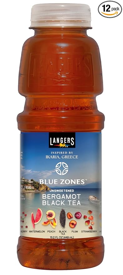 Langers Blue Zones Inspired Unsweetened Tea Bergamot Black Tea with Fruit Juice 15.2 Fl Oz (Pack of 12)