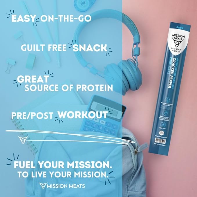 Mission Meats Pork Meat Sticks – Antibiotic Free Sugar Free Individually Wrapped AIP Friendly Delicious Healthy Snacks Paleo Whole 30 Cracked Pepper 1oz (24ct)