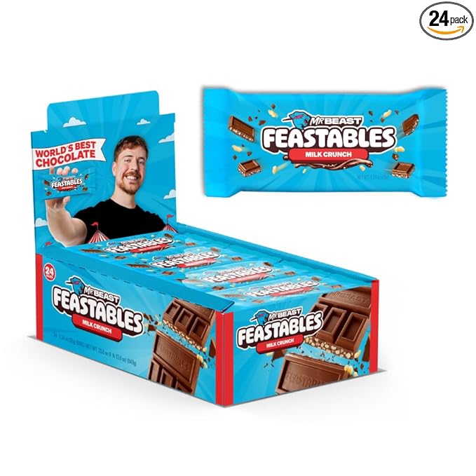 MrBeast Feastables Milk Chocolate Crunch Bar Full Size 24 Count Crispy &amp Creamy Chocolate Candy Fairtrade Cocoa 1.24oz Each