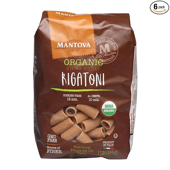 Mantova Whole Wheat Organic Rigatoni Pasta – (Pack of 6) 1lb Bags | 100% Whole Wheat Durum Semolina | Bronze-Cut Non-GMO High Fiber | Tube Pasta for Bakes &amp Sauces