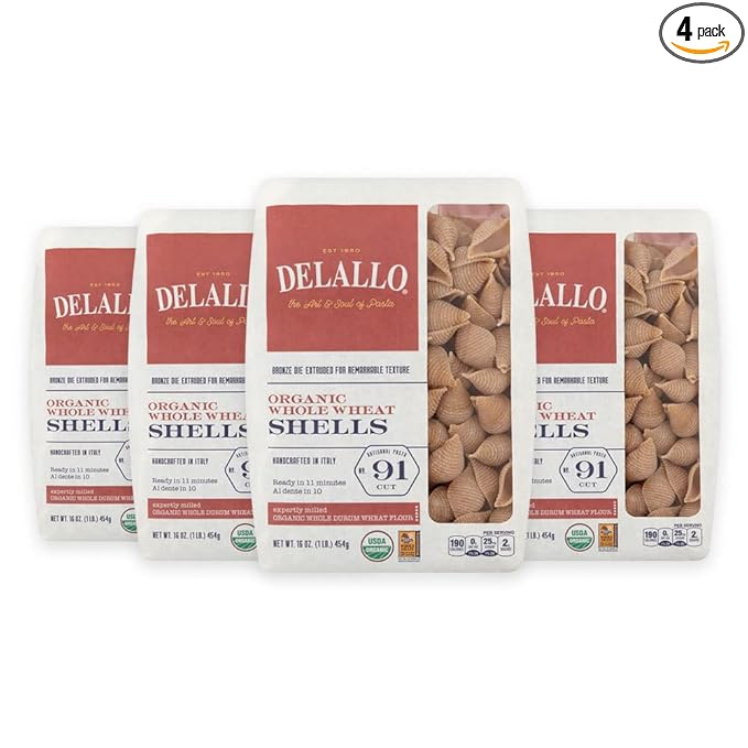 DeLallo Whole Wheat Pasta Shells 1 Pound Bag 4 Pack Made with 100% Organic Whole Grain Flour High Protein Made in Italy