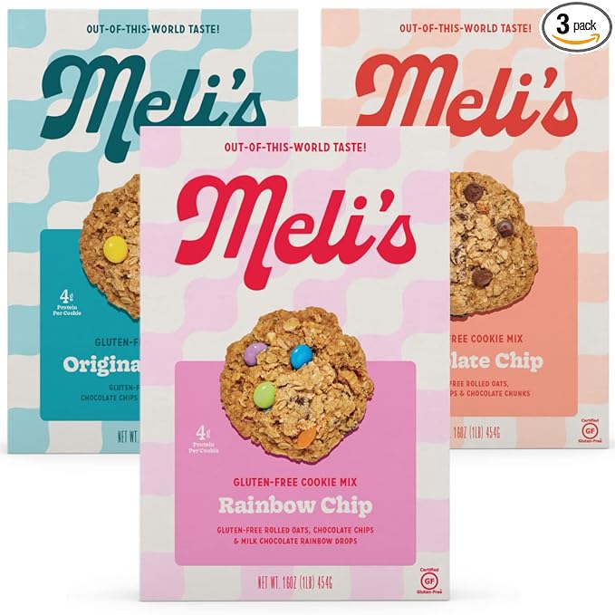 Meli’s Gluten Free Cookie Mix Cookies Variety Pack - Original Monster Chocolate Chip &amp Rainbow Chip High Protein Baking Mix Easy Bake Oven Mixes for Sweet Treats &amp Desserts 16oz Box3-Pac