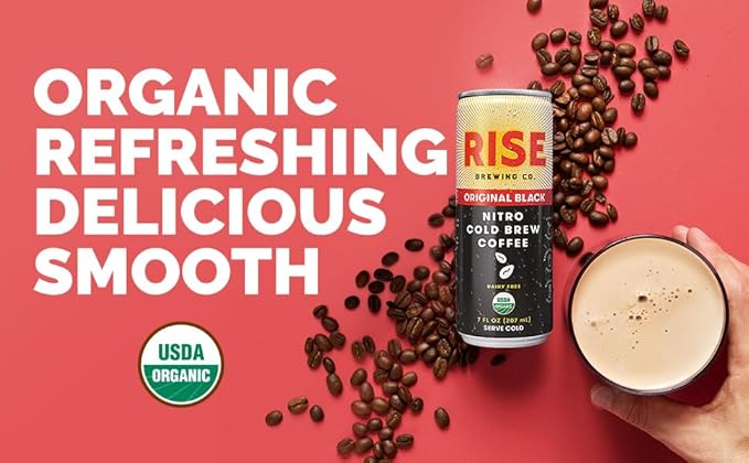 RISE Brewing Co. Original Black Nitro Cold Brew Coffee No Sugar Vegan Organic &amp Non-GMO Low Acidity 7 Fl. oz. Cans (12 Pack)