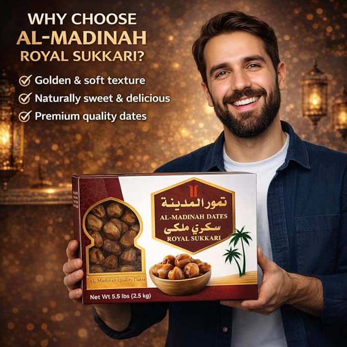 Al-Madinah Royal Sukkari Dates – Premium Saudi Dates Naturally Sweet Whole Dates 2.5 kg (5.5 ib) Family Size Box- perfect Tamr for Ramadn and fasting and breakfast