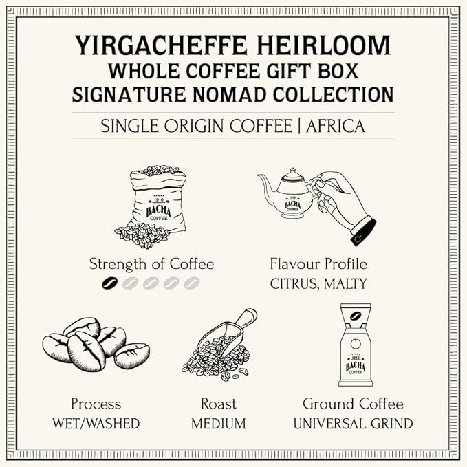 Bacha Coffee | Yirgacheffe Heirloom Single Origin Whole Beans Medium Roast 100% Arabica Specialty Coffee 250g Signature Nomad Collection Gift Box