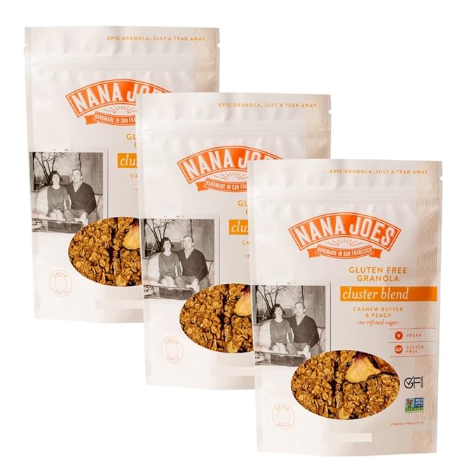 Nana Joes Granola Cluster Blend | Cashew Butter &amp Peach | Handmade Gluten-Free Vegan Healthy Plant-Based Organic No Refined Sugar Low-Carb | Superfood for Breakfast Lunch Dinner (6 Pack)