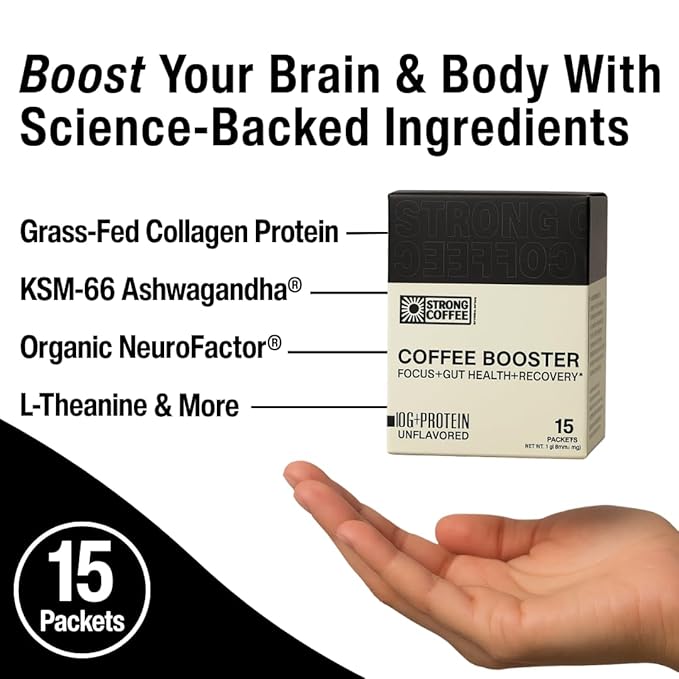 Strong Coffee Co. Coffee Booster | 10g Collagen Coffee Protein with Nootropics &amp Adaptogens NeuroFactor® Ashwagandha L-Theanine &amp Electrolytes for Focus &amp Balanced Energy | 15 Packets