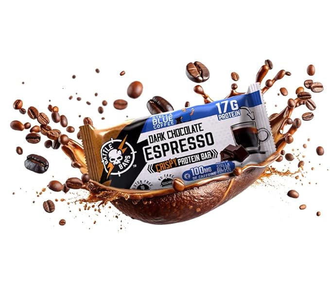 Battle Bars Crispy Protein Bar 17g Protein 100g Caffeine per serving - Gluten Free No Artificial Flavors or Colors - Veteran Founded - Dark Chocolate Espresso (60g) 12 Count