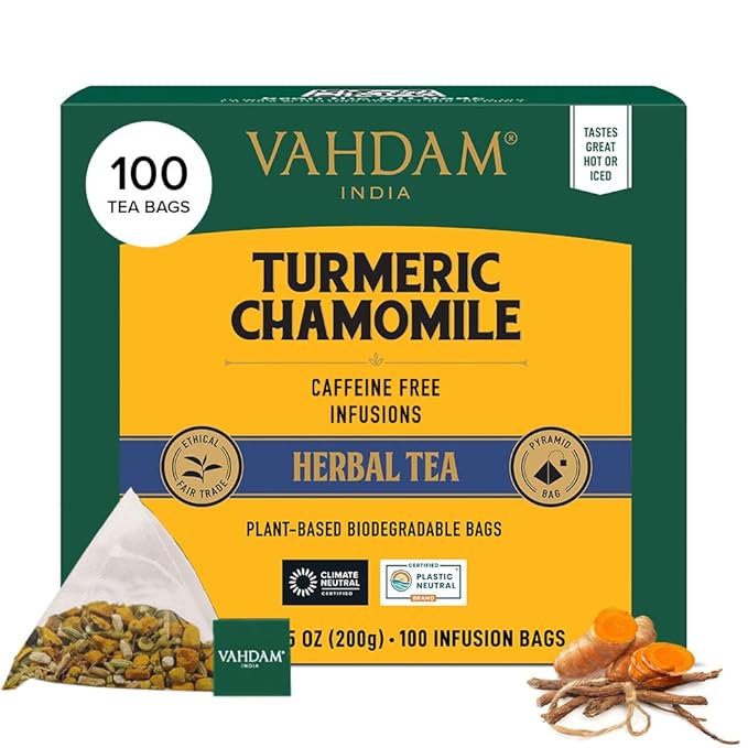 VAHDAM Turmeric Chamomile Tea Bags (100 Herbal Tea Bags) Caffeine Free100% Pure Herbal Tisane - Warm Earthy &amp Floral | Infused With Chamomile Flowers | Resealable Ziplock Pouch