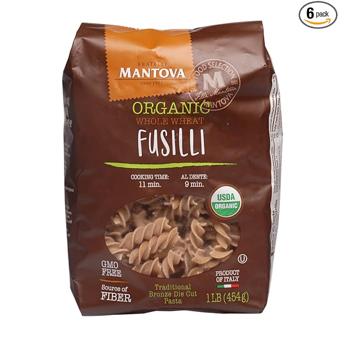 Mantova Italian Organic Whole Wheat Fusilli Pasta - 100% Durum Semolina Organic Whole Wheat Fusilli - 16 Oz - Product Of Italy Package May Vary 1 Pound (Pack of 6)