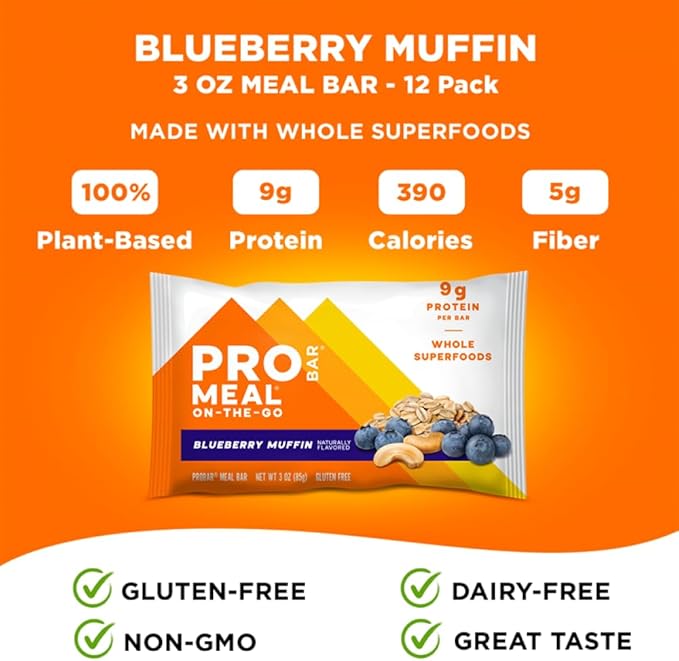 PROBAR - MEAL Bar Blueberry Muffin Non-GMO Gluten-Free Healthy Plant-Based Whole-Food Ingredients Natural Energy (12 Count)