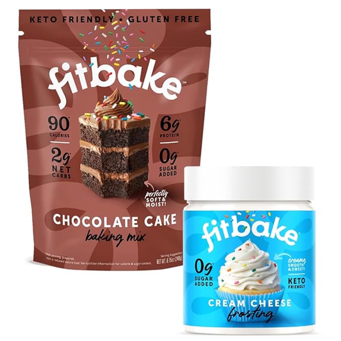 FitBake Chocolate Cake Baking Mix and Cream Cheese Frosting Bundle | 0g to 2g Net Carbs Per Serving | Keto Friendly Low Carb Food | Gluten Free Desserts | No Added Sugar