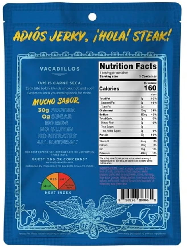 Vacadillos Carne Seca Air Dried Beef – Carne Asada Flavor 12 oz | 15g Protein | 0g Sugar | Bold Smoky Flavor | Gluten Free No MSG No Nitrates