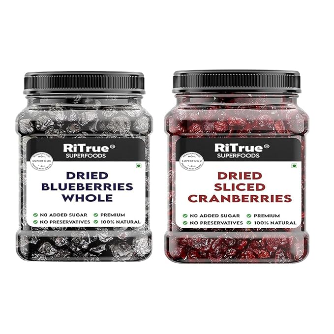 Admart RiTrue - Dried Sliced Cranberry &amp Whole Blueberry Combo (250 Gm Each) - Organic Cranberries &amp Blueberries Without Sugar (unsweetened Dry Fruits)