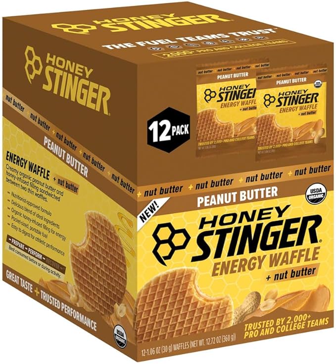 Honey Stinger Organic Peanut Butter Waffles - USDA Certified Kosher Natural Energy Snack Gluten-Free No Artificial Flavors or Preservatives Convenient Box of 12 for Athletic &amp Outdoor Use