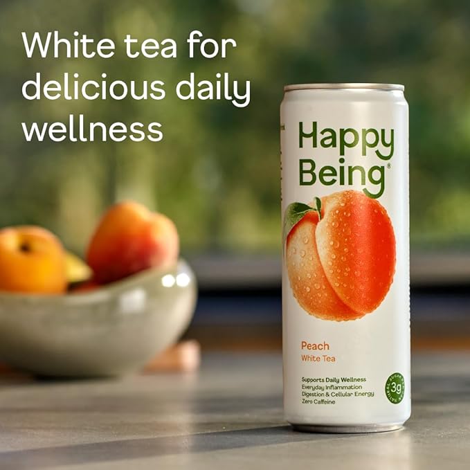 Happy Being Peach White Tea – Antioxidant &amp Polyphenol Rich Infused with Turmeric Elderberry Caffeine Free Plant-Based Low Sugar &amp Low Calorie Drinks 12oz (16 Pack)