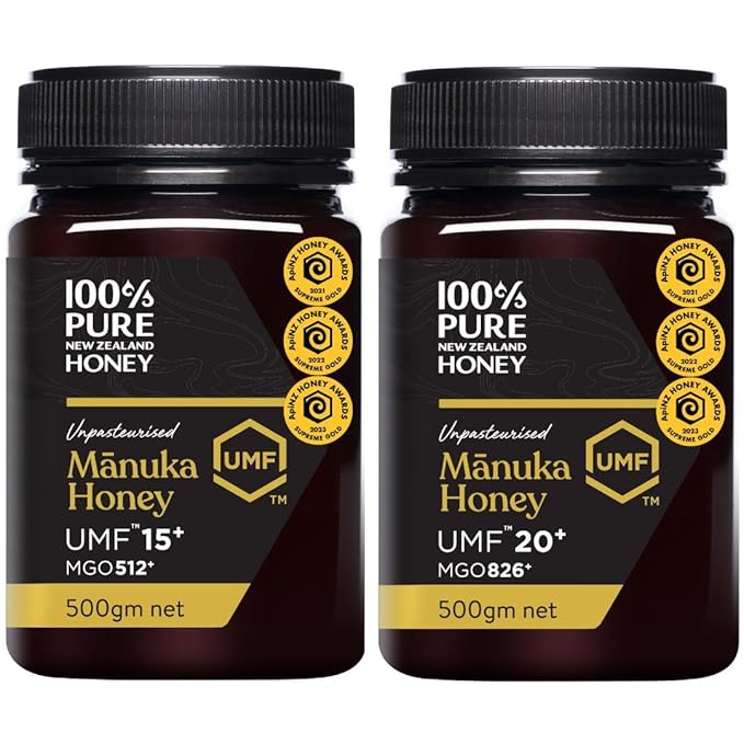 100% Pure New Zealand Manuka Honey UMF 15+ and 20+ High Grade Bundle 2 x 17.6 Oz