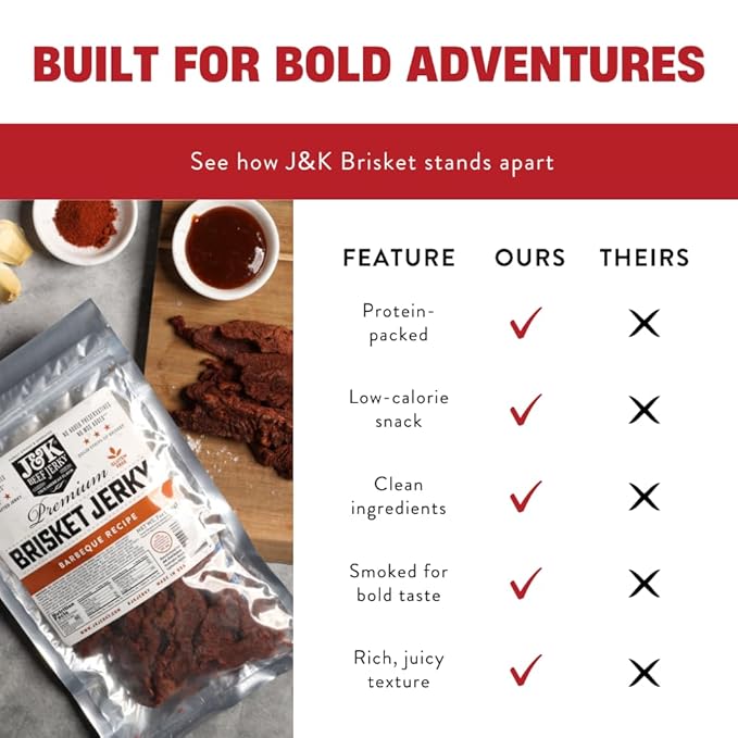 J&ampK Beef Brisket Jerky – BBQ Flavor – Hand Crafted Small Batch American Made Slab Jerky – Bold &amp Smoky Snack – 7oz Big Bag