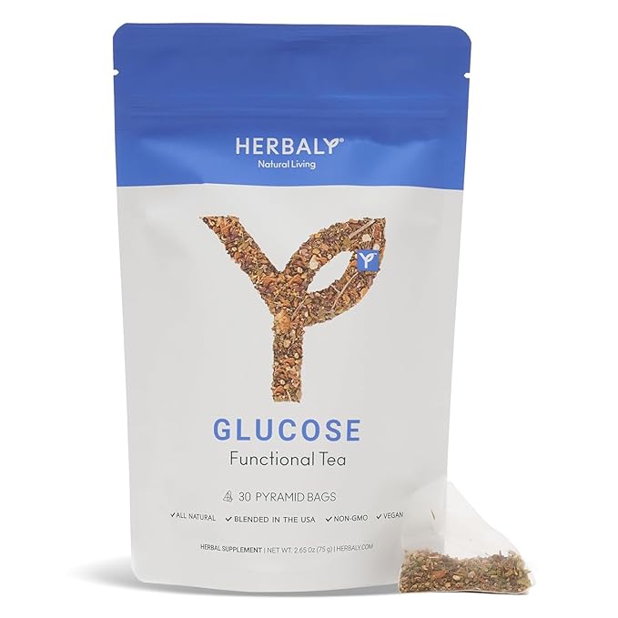 Herbaly Glucose Functional Tea - Vitality &amp Wellness - Gymnema Sylvestre Ceylon Cinnamon Bitter Melon Dandelion Root Fenugreek - Daily Teas - Organic Plant-Based Tea Bag Pyramids - 30 ct