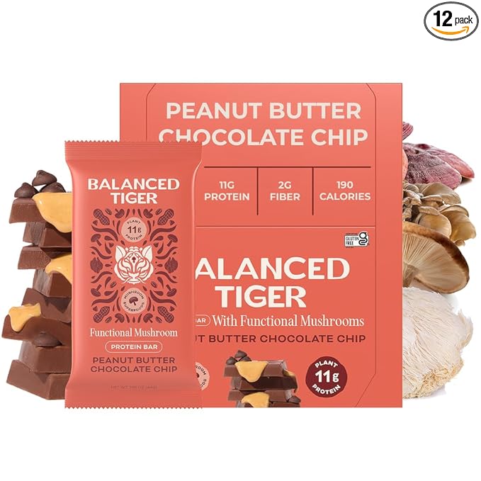 Functional Mushroom Vegan Protein Bars | Made in USA | Full Dose (1500mg) Lions Mane Chaga Reishi &amp Cordyceps Bars | Plant Protein Bars w/Adaptogens &amp Superfoods | Peanut Butter Chocolate Fl