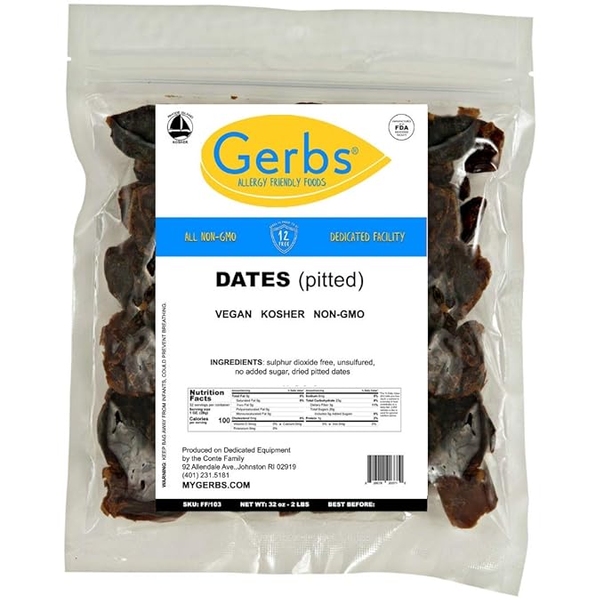Gerbs Dried Araya Dates 2 lbs. | Unsulfured Pitted Resealable Bag | Naturally Sweet &amp Fiber-Rich | Top 14 Allergen-Free