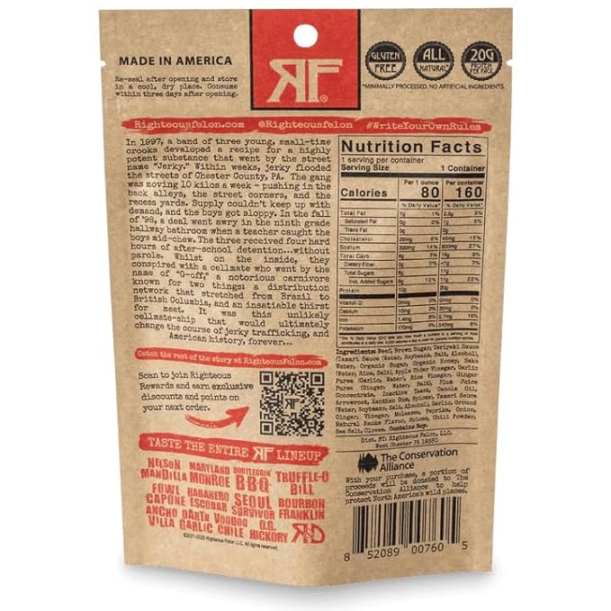 Righteous Felon Beef Jerky - Teriyaki Balboa Jerky - Gluten-Free Snacks - All-Natural Locally Sourced &amp Dried Beef Jerky - Low-Sugar High-Protein Healthy Snacks - 2 Ounces Each Pack of 8