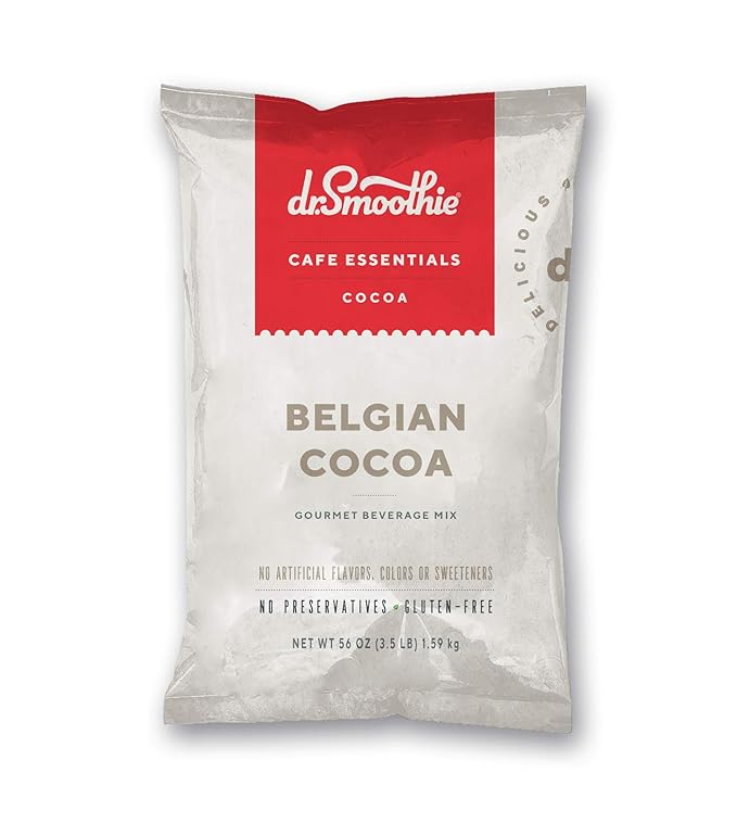 Dr. Smoothie Café Essentials Belgian Cocoa – No Artificial Colors Flavors or Sweeteners – Shelf Stable – Caffeine-Free – Great for Hot Iced &amp Frozen Frappes (3.5 lb Bag 30 Servings)