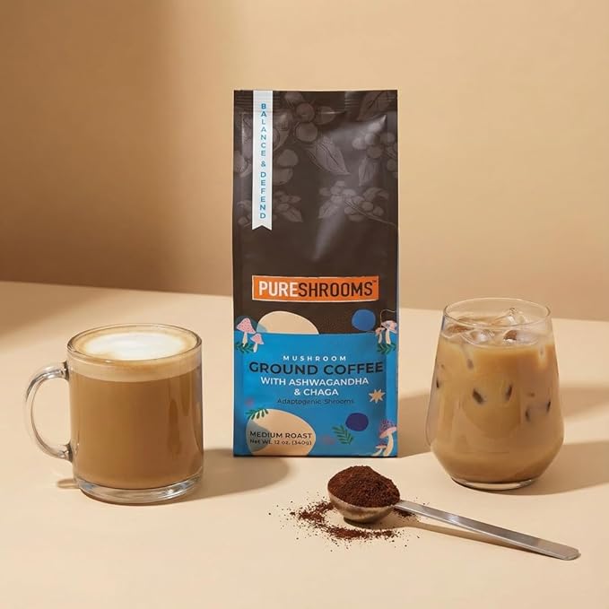 Mushroom Ground Coffee with Organic Ashwagandha Chaga L-theanine - Medium Roast 100% Arabica Beans - Adaptogenic Support for Balance &amp Immunity - (12 oz/340g)
