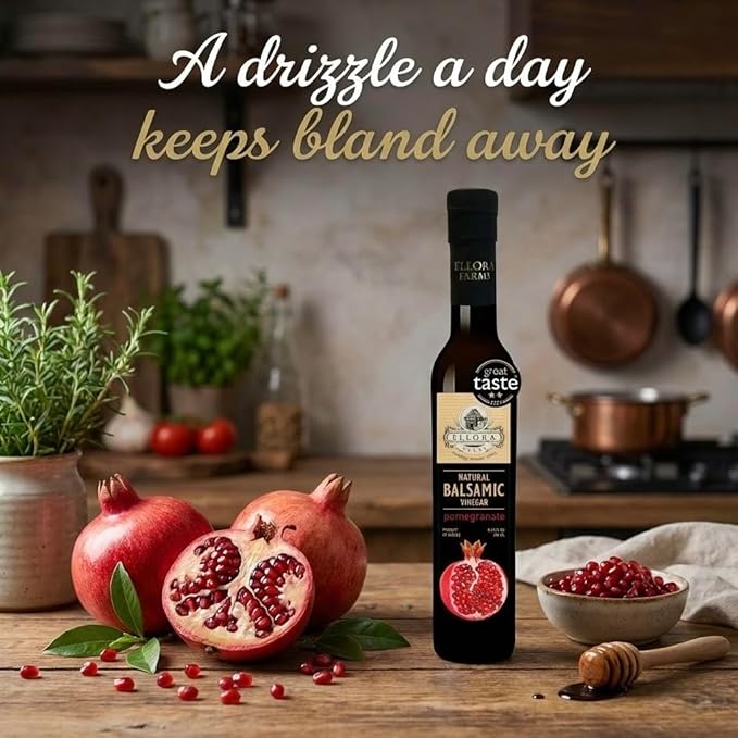 Ellora Farms Pomegranate Infused Thick Aged Balsamic Vinegar No-Added Sugar No-Preservatives Real Fruit Glass Bottle 8.45 oz.
