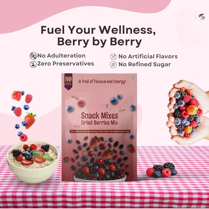 Generic Premium Mix Berries Gluten Free Non-GMO &amp VeganNatural Blueberrie Natural StrawberriesDried Cranberries Black Currants Berries Healthy Snack -100 gm
