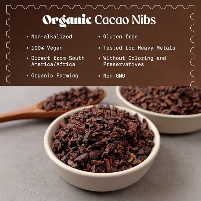 NaturaleBio Cacao Nibs Organic 2 lb. Unsweetened Non-Alkalized and Pure. Sugar-Free Dark Chocolate Chips Substitute. Non-GMO Gluten Free Tested for Heavy Metals. From Raw Cacao Beans