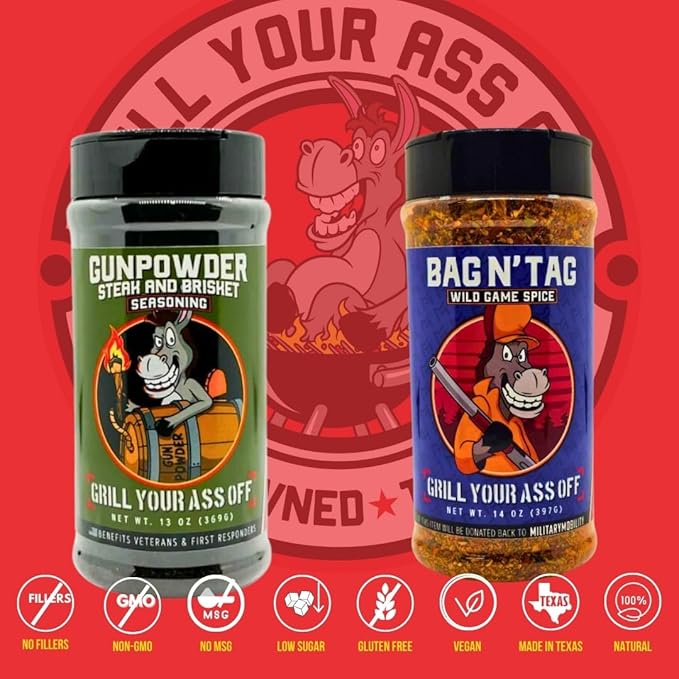 Gunpowder &amp Bag N Tag Seasoning Bundle – All-Purpose BBQ Rub + Wild Game Seasoning for Steak Burgers Venison Elk Pork &amp More – Gluten Free MSG Free Veteran Owned