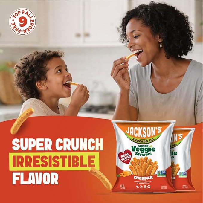 Jackson’s Super Veggie Straws™ (Cheddar 1 oz Pack of 10) – Gluten Free Vegan Snacks for Kids &amp Adults – Made with Premium Avocado Oil – Allergen-friendly Veggie Straws Individual Bags
