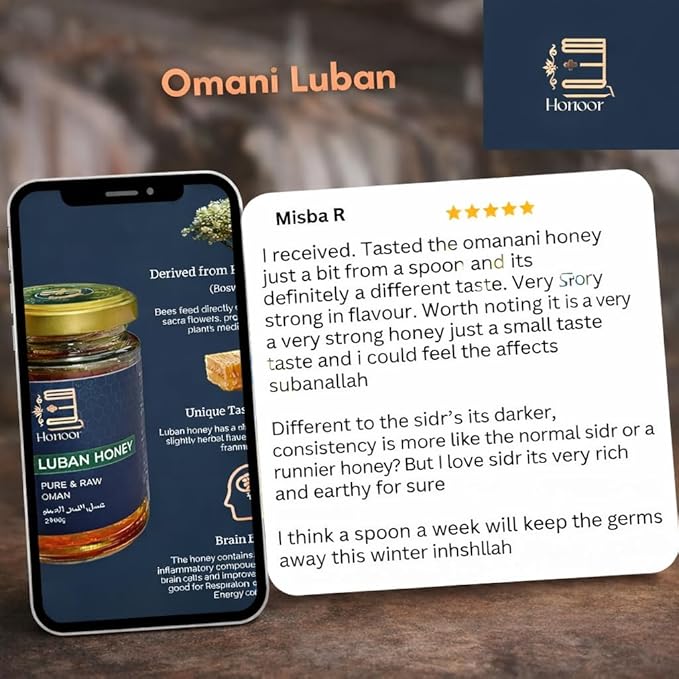 Honoor Omani Luban Honey 200g – Rare A+ Grade Pure &amp Raw Frankincense Blossom Honey Premium Natural from Oman Limited Harvest Authentic &amp Rare