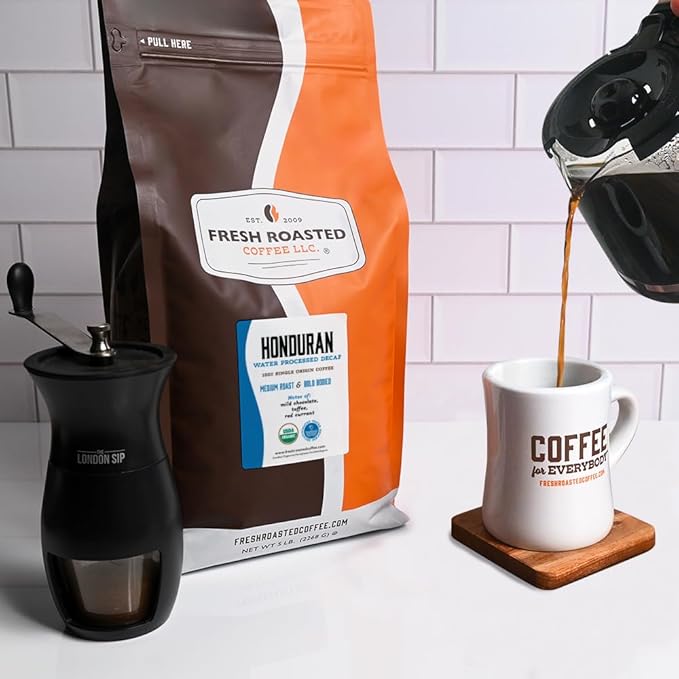 Fresh Roasted Coffee Organic Honduran Water-Processed Decaf | USDA Organic 100% Single Origin Kosher | Medium Roast 5 lb (80 oz) Ground