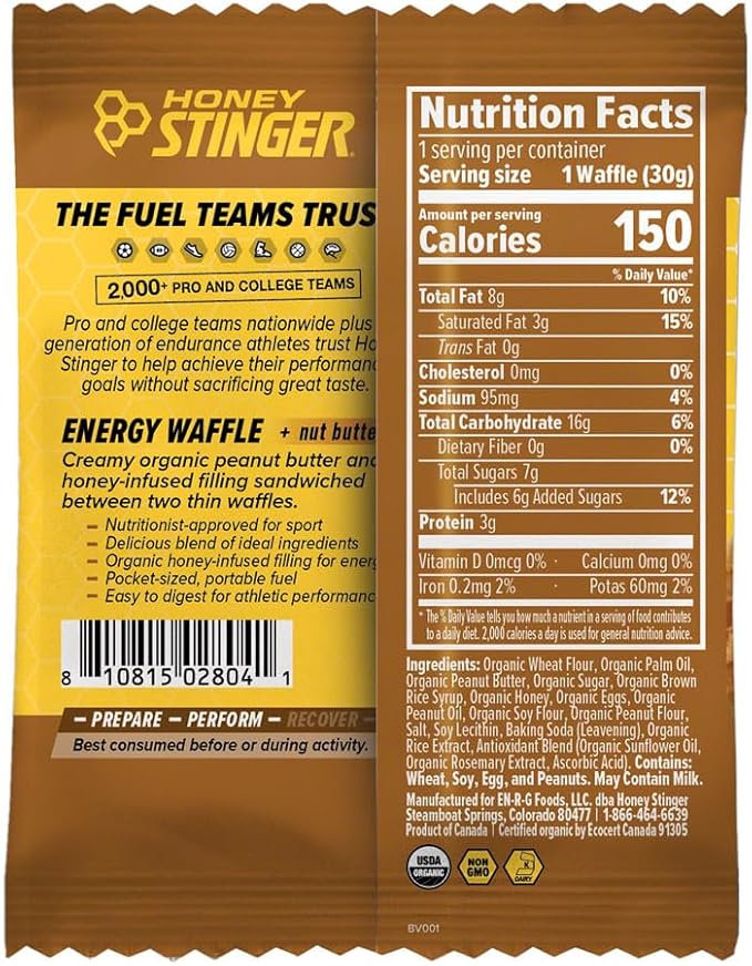 Honey Stinger Organic Peanut Butter Waffles - USDA Certified Kosher Natural Energy Snack Gluten-Free No Artificial Flavors or Preservatives Convenient Box of 12 for Athletic &amp Outdoor Use